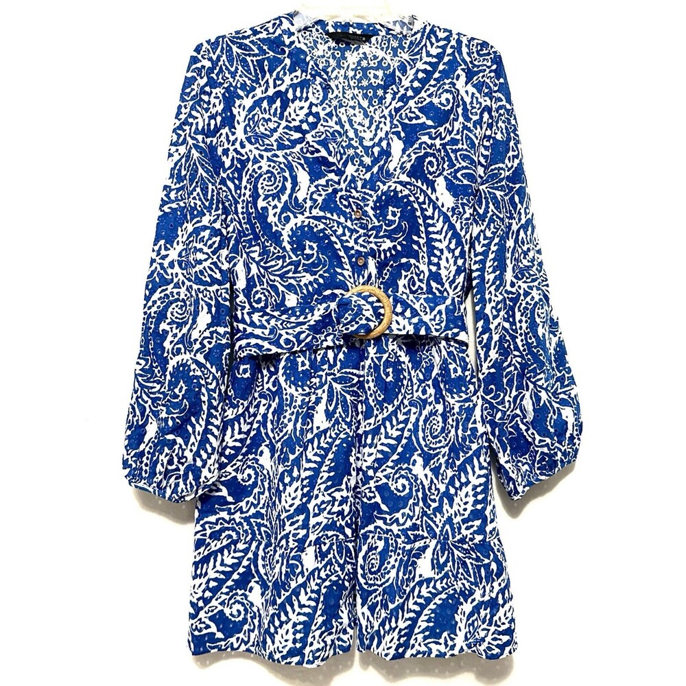 Zara Royal Blue White Eyelet Mini Dress Floral Tropical Design Pattern Belt M